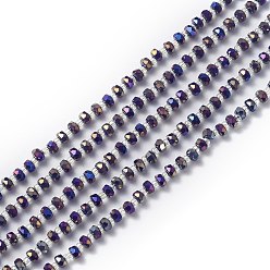 Lila Galvanisieren Glasperlen, facettierte Rondelle, voll Regenbogen plattiert, lila, 4x3 mm, Bohrung: 0.8 mm, 25.20~25.59 Zoll (64~65 cm)