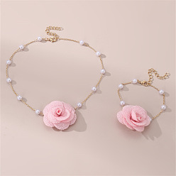 Pink Ожерелья и браслеты с подвесками из розовой ткани и пластикового жемчуга, сплав ювелирных изделий, золотые, розовые, 360 мм