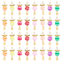 (52) Непрозрачная лаванда Круглые полосатые акриловые подвески, с фурнитурой сплавочной тибетского стиля, звезда и ангел, разноцветные, 35 мм, отверстие : 3 мм, 8 шт / комплект, 4 комплектов / коробка