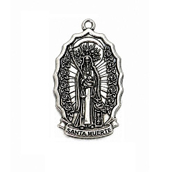 Antique Silver Tibetan Style Alloy Pendants, Oval with Santa Muerte Charms, Antique Silver, 39x22mm