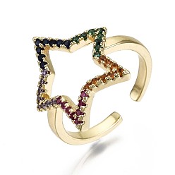 Real 16K Gold Plated Brass Micro Pave Cubic Zirconia Cuff Rings, Open Star Rings, Nickel Free, Colorful, Real 16K Gold Plated, Inner Diameter: 17mm
