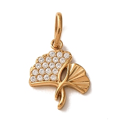 Golden 304 Stainless Steel Micro Pave Clear Cubic Zirconia Charms, Ginkgo Leaf Charms, Ion Plating(IP), Golden, 12x10x1.5mm, Hole: 4x2.5mm