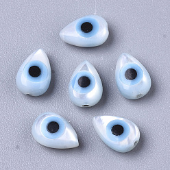 Deep Sky Blue Natural White Shell Mother of Pearl Shell Beads, with Synthetic Turquoise, teardrop, with Evil Eye, Deep Sky Blue, 6x4x2~3mm, Hole: 0.7mm
