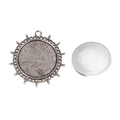Antique Silver Pendant Making Sets, with Alloy Pendant Cabochon Settings and Glass Cabochons, Flat Round, Antique Silver, 45x43x2mm, Hole: 3mm