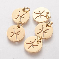 Pisces 304 Stainless Steel Charms, Flat Round with Constellation/Zodiac Sign, Golden, Pisces, 12x1mm, Hole: 3mm