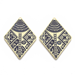 Bleu Nuit Laiton émail pendentifs, embellissements en métal gravé, couleur or mat, losange, bleu minuit, 38.5x28x0.3mm, Trou: 1.2mm