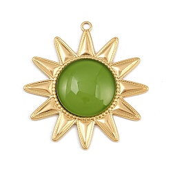 Зеленый 304 подвески из нержавеющей стали, солнце, с стеклянного шарика, вакуумное покрытие pvd, реальный 18 k позолоченный, зелёные, 56x52x7 мм, отверстие : 2.5 мм