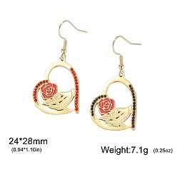 Doré  Boucles d'oreilles pendantes en acier inoxydable émaillé pour femmes, cœur, avec strass, or, 304mm