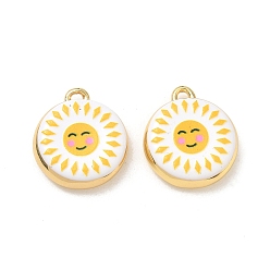 Yellow Printed Brass Pendants, Flat Round with Sun Charms, Rack Plating, Long-Lasting Plated, Lead Free & Cadmium Free, Real 18K Gold Plated, Yellow, 20x17.5x5mm, Hole: 1.6mm