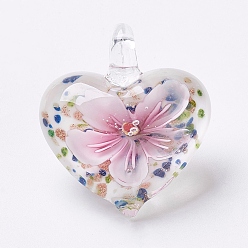 Mixed Color Handmade Lampwork Pendants, Inner Flower, Heart, Mixed Color, 38x32x16mm, Hole: 6x7.5mm