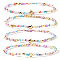 Разноцветный 4 Браслеты из богемского стеклянного бисера и латунных бусин, эластичные, для женщин, рондель, красочный, 6.50 дюйм (16.5 см)