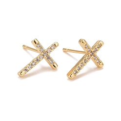 Real 18K Gold Plated Clear Cubic Zirconia Cross Stud Earrings, Rack Plating Brass Jewelry for Women, Cadmium Free & Lead Free, Real 18K Gold Plated, 14x10mm, Pin: 0.8mm
