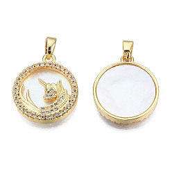 Creamy White Brass Micro Pave Clear Cubic Zirconia Pendants, with  Natural Shell, Real 18K Gold Plated, Nickel Free, Flat Round with Unicorn, Creamy White, 19.5x16.5x3mm, Hole: 2.5x4mm