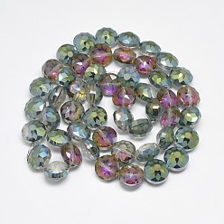 Medium Sea Green Electroplate Glass Beads Strands, Frosted, Rainbow Plated, Faceted, Flat Round, Medium Sea Green, 12x8~9mm, Hole: 1mm, about 50pcs/strand, 23.62 inch