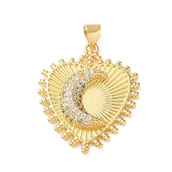 Chapado en Oro Real 18K Latón micro pavimenta claro colgantes de circonio cúbico, corazón con dijes de luna, sin plomo y cadmio, chapado en rack, larga duración plateado, real 18 k chapado en oro, 30x25x5 mm, agujero: 4x3 mm