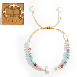 Разноцветный Бусины-столбики из ракушек плетеные браслеты из бисера, немагнитный гематитовый крестик для женщин, красочный, внутренний диаметр: 7-1/8 дюйм (18 см)