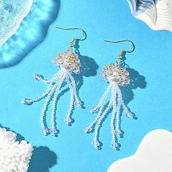 Pink 304 серьги-подвески в форме медузы из стеклянных бусин из нержавеющей стали, со стеклянным жемчугом, золотые, розовые, 82x19 мм