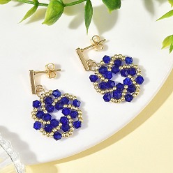 Blue Flower Glass Beaded Dangle Earrings, Brass Seed Beads & 304 Stainless Steel Stud Earrings for Women, Golden, Blue, 33x22mm