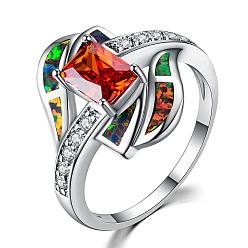 Оранжево-Красный Латунные кольца с микропаве из кубических цирконий и опалов, поворот и прямоугольник, платина, оранжево-красный, размер США 7 (17.3 мм)