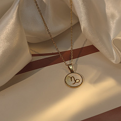 Козерог 304 Женские кулоны из нержавеющей стали с натуральными ракушками, плоскими и круглыми, с созвездиями, реальный 18 k позолоченный, цвет морской раковины, Козерог, 15.75 дюйм (40 см)