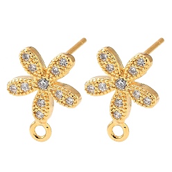 Real 18K Gold Plated Brass Rhinestone Stud Earring Findings, Flower, with Loop, Real 18K Gold Plated, 12x9.5mm, Hole: 1.2mm, Pin: 1mm
