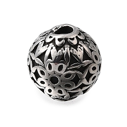 Античное Серебро Гравированные 304 бусины из нержавеющей стали, круглые с цветочным узором, античное серебро, 9 мм, отверстие : 1.8 мм