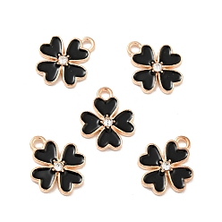 Черный Подвески из эмали и сплава, со стразами, золотой свет, клевер, чёрные, 15.5x13x2.5 мм, отверстие : 1.8 мм