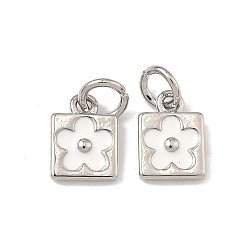 Белый Латунь эмаль подвески, квадратные и цветочные подвески, долговечный, стойки покрытие, без свинца и без кадмия, платина, белые, 10x7x2 мм, Перейти кольцо: 5.5x1 мм, 3 мм внутренним диаметром