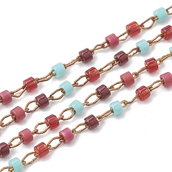 Colorful TOHO Japan Import Seed Beads, Handmade Glass Beaded Chains, Soldered, with Spool, Brass Findings, Column, Unplated, Colorful, 2mm, about 26.24 Feet(8m)/roll