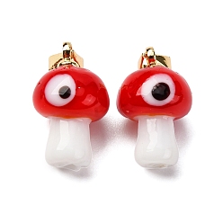 Красный Подвески лэмпворк ручной работы, гриб, с реечной накладкой из латуни с золотистым напылением, долговечный, красные, 16~17x9.5~10.5 мм, отверстие : 4.5x3.5 мм