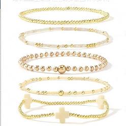  5шт. 5 стили, набор эластичных браслетов ручной работы из латуни и стеклянных бусин, украшения в виде крестиков для женщин, 6.89 дюйм (17.5 см)