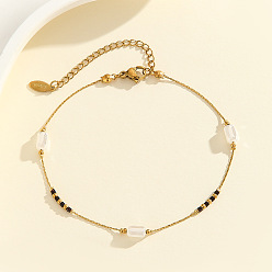 Черный 304 Браслеты на лодыжку из нержавеющей стали с бусинами из стеклянных колонн, золотые, чёрные, 7-7/8 дюйм (200 мм)
