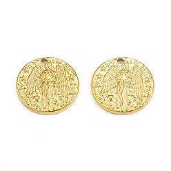 Золотой Вакуумное покрытие pvd 304 подвески из нержавеющей стали, плоский круглый с ангельским шармом, золотые, 20x2.5 мм, отверстие : 1.8 мм