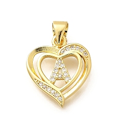 Letter A Стойка металлическая латунная микропрофилированная кубическая циркония подвески, долговечный, без свинца и без кадмия, реальный 18 k позолоченный, сердце с подвесками в виде букв, буква a, 17.5x15x2.5 мм, отверстие : 5x3 мм