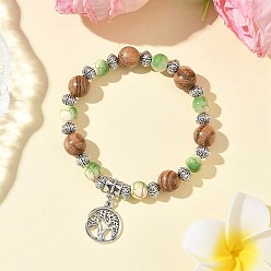 Зелено-Желтый Плоские круглые браслеты с подвесками в виде дерева жизни из сплава, Браслет из синтетических бирюзовых бусин с деревянными бусинами и краской для выпечки для мужчин и женщин, зеленый желтый, внутренний диаметр: 2-1/4 дюйм (5.55 см)