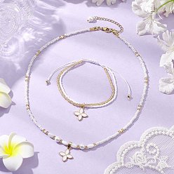 Белый Наборы браслетов и ожерелий из стеклянных бусин, комплекты украшений из сплава и эмали в виде цветов для женщин, белые, 440 мм