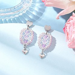 Pink 304 серьги-гвоздики из нержавеющей стали с ограненными биконусными стеклянными бусинами, с тибетским типом сплава сердца, старинное серебро и серебро, розовые, 43x16.5~19 мм