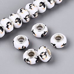 Пингвин Непрозрачная смола европейский бисер, RONDELLE большие шарики отверстия, с латунными сердечниками с серебряным покрытием, чёрные, пингвин, 13.5~14x9 мм, отверстие : 5 мм