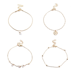 Light Gold 4Pcs 4 Style Alloy Chain Anklets Set, Resin Pearl and Flat Round Charm Anklets for Women, Light Gold, 8.46~9.25 inch(21.5~23.5cm)