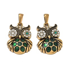 Antique Golden 304 Stainless Steel Rhinestone Pendants, Owl Charms, Ion Plating(IP), Antique Golden, 26.5x19.5x5mm, Hole: 8x3mm