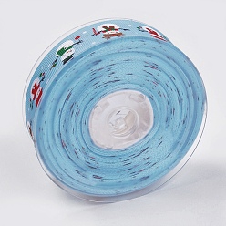 Небесно-голубой Полиэфирные печатные ленты Grosgrain, Новогодняя тема, снеговик, голубой, 1 дюйм (25 мм), о 100yards / рулон (91.44 м / рулон)