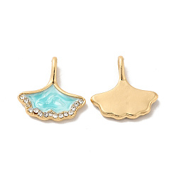 Pale Turquoise Rack Plating Alloy Rhinestone Pendant, with Enamel, Nickel Free, Gingko Leaf Charms, Golden, Pale Turquoise, 16.5x16x4.5mm, Hole: 2.2mm