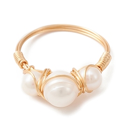 Light Gold Natural Pearl Finger Ring, Brass Wire Wrap Jewelry for Women, Light Gold, Inner Diameter: 18mm