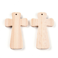 Желтая Старая Ткань  Подвески из натуральной сосны большие, неокрашенными, крестик, старое кружево, 80x50x7 мм, отверстие : 3 мм