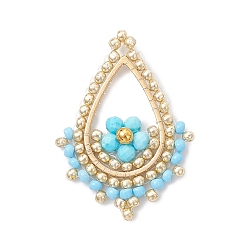 Магнезит Подвески из натурального окрашенного магнезита и стеклянных бусин с огранкой и круглыми кристаллами, подвески-слезинки с медной проволокой в обертке, с 201 рамой из нержавеющей стали, золотые, голубой, 32x23~23.5x5 мм, отверстие : 1 мм