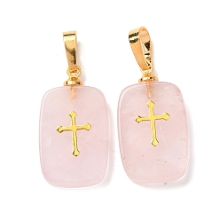 Розовый Кварц Природного розового кварца подвески, с латунной фурнитурой и 304 кабошонами из нержавеющей стали, золотые, прямоугольник с подвесками в виде креста, 23~23.5x13~13.5x3.5~4 мм, отверстие : 7.5x4 мм