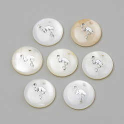 Платина Подвески из пресноводных оболочек, плоская круглая форма фламинго, платина, 16x3.5~4 мм, отверстие : 1.2 мм