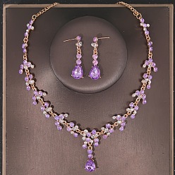 Фиолетовый Ожерелья из сплава со стразами в форме капли и серьги-гвоздики в комплекте, золотые, фиолетовые, 450 мм