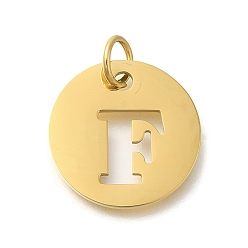 Letter F Ионное покрытие (ip) 304 подвески из нержавеющей стали, с целью перехода в кольце, лазерная резка, плоский круглый с подвеской в виде буквы, реальный 18 k позолоченный, Буква F, 20x1 мм, отверстие : 4.5 мм