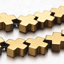 с Золотистым Покрытием Гальванизировать немагнитных синтетический гематит нитей бисера, крестик, с золотым покрытием, 10x10x4 мм, отверстие : 1 мм, около 45 шт / нитка, 15.7 дюйм